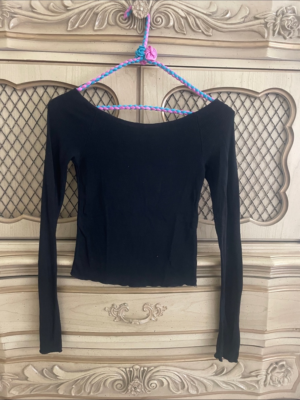 Brandy Melville Black Off-Shoulder Ribbed Long Sleeve Top